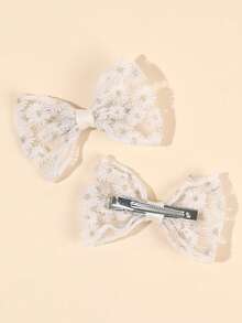 2pcs White Daisy Embroidered Mesh Bow Floral Lace Hair Clips, Elegant Butterfly Alligator Clips, Sweet Countryside Style Hair Accessories For Daily Wear & Party, Suitable For Teenagers - White - View 6