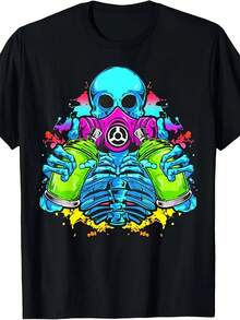 Skull Graffiti Artist, Thick Nozzle, Spray Paint Art | Unisex Casual Short-Sleeve T-Shirt | Comfortable Fit | Retro Style | Crew Neck | Suitable For All Seasons | Fun Print T-Shirt - 黑色 - 查看 1