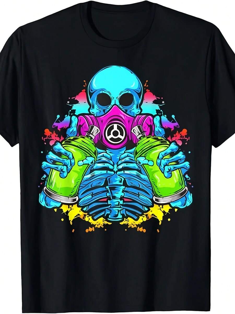 Skull Graffiti Artist, Thick Nozzle, Spray Paint Art | Unisex Casual Short-Sleeve T-Shirt | Comfortable Fit | Retro Style | Crew Neck | Suitable For All Seasons | Fun Print T-Shirt - 黑色 - 查看 1