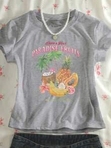 [Summer Blouse With Print] 1 Women's Casual Fitted Blouse, Vacation Style With Coconut, Pineapple, Papaya, Banana, Dragon Fruit, Palm Flower, Star, Fruit And English Letter Print, Creative Design, American Summer Clothes In Ins Style - 白色 - 查看 10