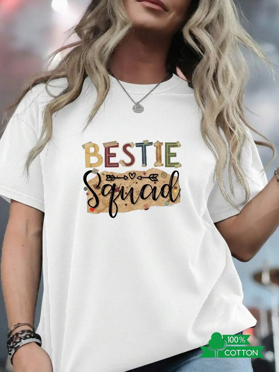 Women's Crew Neck T-Shirt With 2026 Anime And Letter Print, Simple Design, Comfortable And Breathable, Suitable For Sports, Casual And Everyday Wear, A Must-Have For Summer Parties, Local Shipping, BESTIE Letter Print T-Shirt. - 白色 - 查看 1