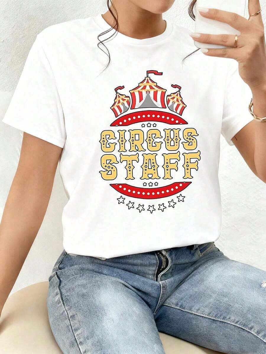 Art T-Shirt. The Print Showcases The Joyful Energy Of A Circus With Red And Gold Tents, Evoking Fun, Passion, And A Festive Spirit That Conveys Vitality And Confidence. This Women's 100% Cotton T-Shirt Is Comfortable And Stylish For Everyday Wear. - 白色 - 查看 1