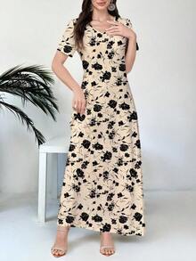 Al Najma Vestido de punto con estampado floral de manga corta y cuello en V para mujer, adecuado para uso casual/laboral, con patrón de flores negras, apropiado para uso diario, citas, ocio, fiestas, vacaciones, Día de San Valentín - Blanco - Ver 4