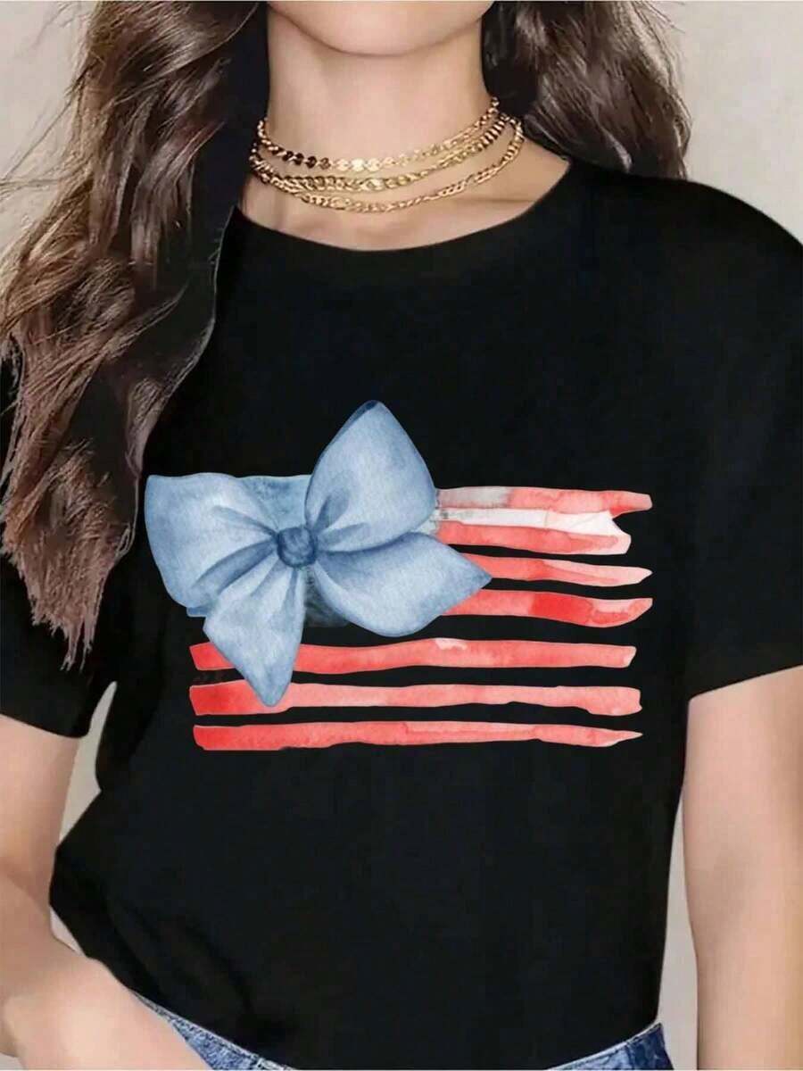 Women's Black T-Shirt With American Flag Print, Casual Summer Top, Patriotic Fashion Tee For Independence Day. New Summer Arrivals: 100% Cotton Crew Neck T-Shirts. - 黑色 - 查看 1