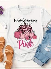 Pink Pumpkins With Animal And Floral Print Symbolizing Support And Awareness For The Fight Against Breast Cancer. Women's T-Shirt, 100% Cotton, 220g. Suitable As A Gift. Women's T-Shirt. Blouses > Elegant. Boho Chic. Soft, Breathable, And Comfortable Women's Top, Ideal For Spring, Summer, And Autumn, Perfect For Vacations, Travel, And Everyday Wear. - 白色的 - 查看 7