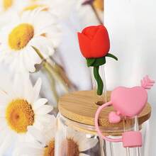 5pcs Rose Flower Straw Caps, Silicone Straw Covers For 9-10mm Straws, Cute Dust-Proof Straw Caps With Anti-Loss Strap, Beautiful Cup Decoration For Girls - Multicolor - View 4