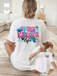 GiftGiftGift [Double-Sided Print] Women's Camisole, Casual Short-Sleeved Round-Neck Top With Pink "HUSE KEEPER" Print And Cleaning Tool, Machine Washable, Suitable For Casual Wear, Multi-Purpose Clothing, Fashionable And  Camisole, Comfortable Material, For Style Enthusiasts, Soft. - 白色的 - 查看 1