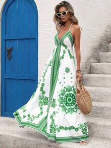 Holidaya Vestido de verano sin espalda con tirantes y estampado de tótem azul y blanco de estilo tropical para mujer, vestido de playa de primavera/verano, vestido de vacaciones de verano, vestido bohemio de verano, vestido azul y blanco para mujer, vestido de sol para mujer, ropa de mujer bohemia, vestido bohemio sin mangas con cuello halter y estampado aleatorio y volante en el bajo para mujer - Verde - Ver 5