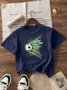 Kids' Casual Loose Fit Summer Short Sleeve T-Shirt With Navy Blue Football Goal Net Print - 黑色 - 查看 3