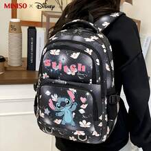 名创优品 X 迪士尼史迪奇 626 双肩包，黑色花卉印花书包，适合办公、学习和旅行使用 - 黑色 - 查看 2