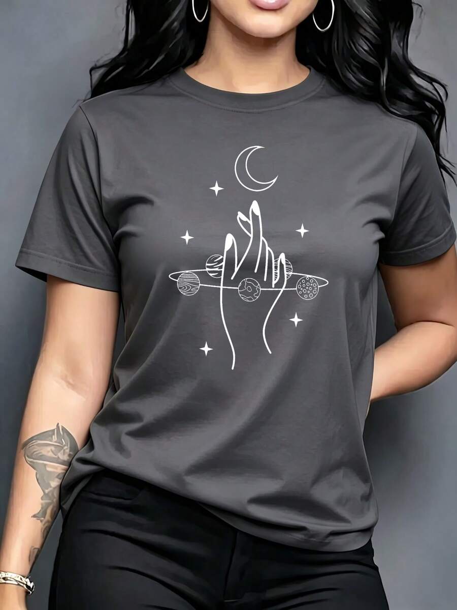 Women's Casual Summer Short-Sleeved T-Shirt With Planet And Moon Print, Round Neck: Ideal For Everyday Wear And Holidays. - 深灰色 - 查看 1