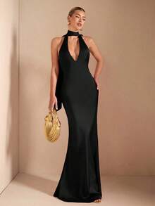 Vestido de punto con escote en V profundo, tirantes finos, espalda descubierta, lazo y bajo tipo cola de sirena, en color rojo, adecuado para fiestas de cóctel, citas románticas, capas de otoño/invierno, fiestas, bodas, Halloween y Navidad - Negro - Ver 4