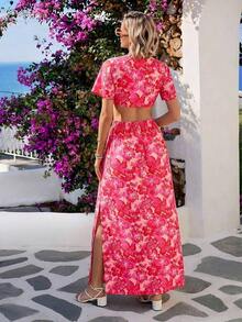 xheVivid Eden Vestido largo estilo maxi para verano con escote en V profundo, cierre delantero, abertura en la cintura y bajo con aberturaxhe - Rosa - Ver 2
