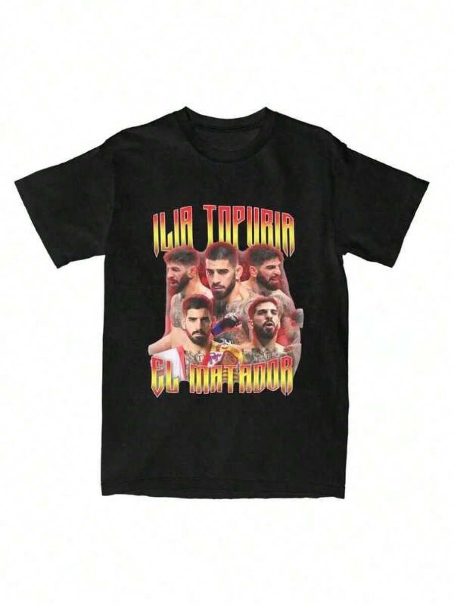 Vintage Boxer Graphic Tee For Men And Women - 100% Cotton Black Tee Featuring Ilia Topuria Winner Design, The Slain Boxing Artwork, Casual Short-Sleeve Crew Neck Sports Tee For Casual Wear - 黑色 - 查看 1