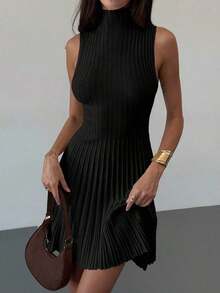 AYYAloruh Vestido de punto acanalado de línea A sin mangas con cuello mínimo para mujerAYY - Negro - Ver 5