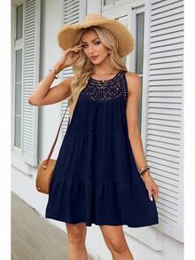 Vestido de Mujer para Primavera/Verano con Encaje Calado y Cuello Halter en Corte A - Blanco - Ver 10