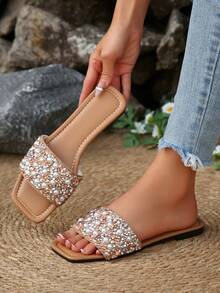 Sandalias planas de lujo para mujer Primavera/Otoño 2024, tacón bajo antideslizante, talla grande, con strass, chanclas versátiles - Albaricoque - Ver 2