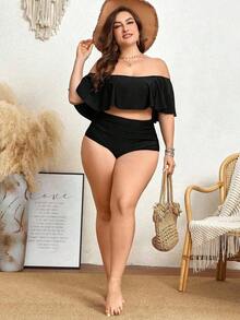 Swim Lushoire Conjunto de bikini de borde con volantes y escote descubierto para mujeres de talla grande para vacaciones en la playa de verano - Negro - Ver 5