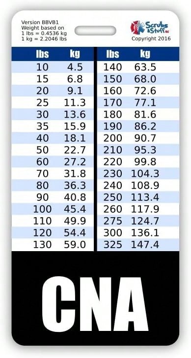 CNA Badge Buddy Vertical W/Height &Amp; Weight Conversion Charts (Black)