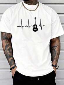 Playera para Hombre con Guitarra y Latido del Corazón - Estilo Musical Oversize - Blanco - Ver 7