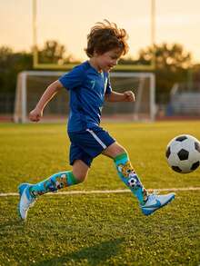 1 Pair Kids Calf Socks With Cartoon Leopard & 3D Football Decor, Casual Sports Socks For Daily, Holiday Wear, Suitable For Children Aged 3-12, All Season Gift - Baby Blue - View 7