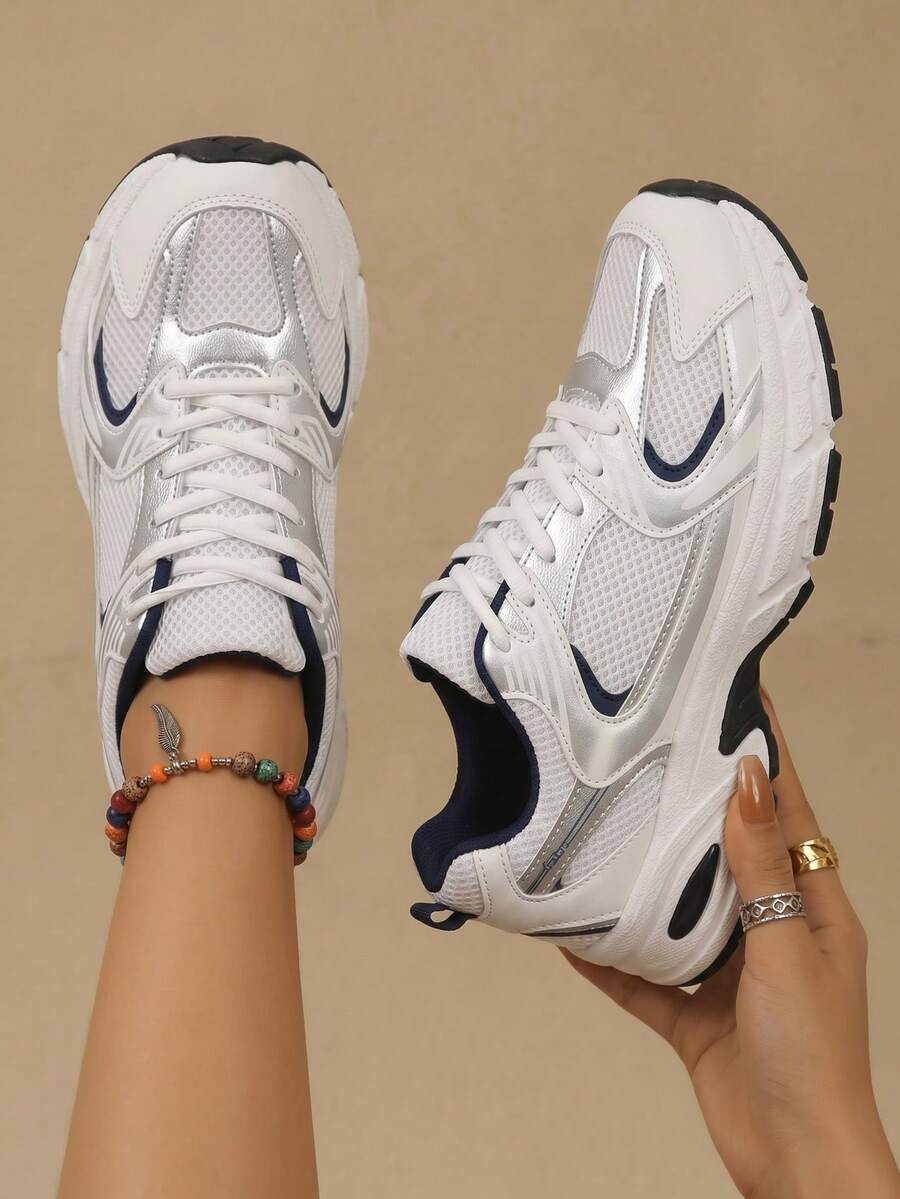American Retro Contrast Color Running Shoes, Mesh Breathable, Thick Bottom Cushioning, Campus, Street, Daily Wear Template, Running Shoes To Grasp The Relaxation Feeling, 5cm High Casual Shoes - Màu xanh lam - Xem 1