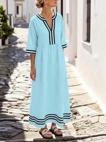Vestido casual de fiesta con cuello en V y bloques de color para vacaciones de mujer - Negro - Ver 8