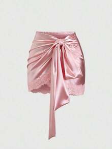 Falda con dobladillo asimétrico y ribete de encaje, estilo Y2K, adecuada para vacaciones y uso diario - Rosa - Ver 3