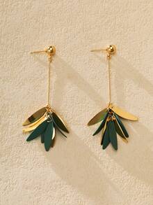 Nocturel 1 Pair Fashionable High-End Elegant Pink, Green, Black, Orange, Rose Red, Purple, Red, Ginger Yellow Colorful Dopamine Spray Paint Petal, Water Drop, Leaf, Tassel Long Earrings For Women, Delicate & Sweet, Suitable For Spring/Summer, Beach, Holiday Gift - Green - View 2