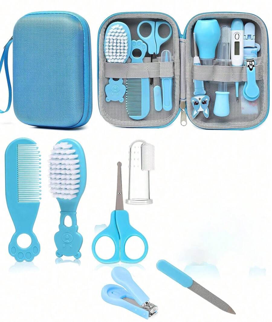Kit de cuidado infantil 8 en 1 con cepillo, peine, cortaúñas y aspirador nasal. Artículos esenciales para recién nacidos (0-3 años). - Azul - Ver 1