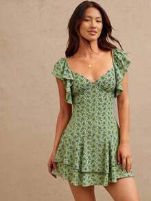 Vestido campero mini con volantes, escote en V y estampado de paisley en estilo ajustado y acampanado para el verano - Rosa vieja - Ver 6
