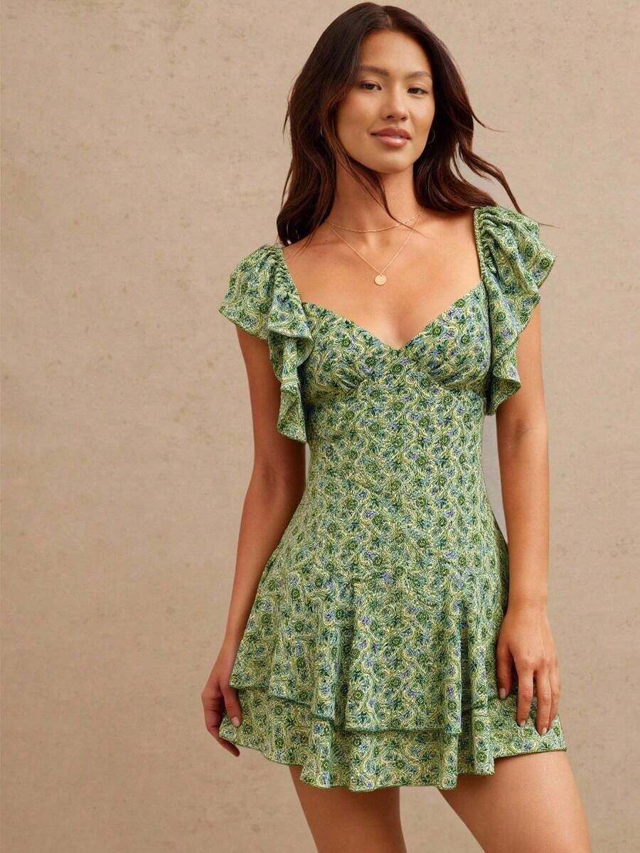 Vestido vaquero mini con volantes, escote en V y estampado de paisley, ajuste ceñido y vuelo para el verano - Verde - Ver 1