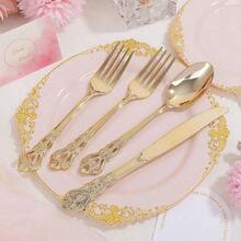 300 piezas de platos de plástico rosa y dorado, juego de vajilla desechable rosa para 50 invitados: 100 platos, 50 cuchillos, 50 tenedores, 50 cucharas y 50 servilletas para bodas, aniversarios y fiestas. - Rosa y oro - Ver 3