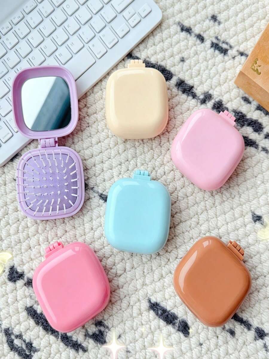 1pc Macaron Folding Mirror-In-One Comb Cute Air Cushion Comb Mini Portable Massage Comb Hairbrush With Built-In Mirror Back To School Makeup Tools, Dormitory Beauty Essentials Foldable Makeup Mirror - Multicolor - View 1