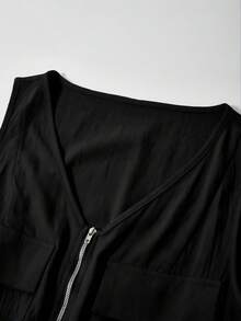 Casual Jumpsuit With Center Metal Zipper, Elastic Waist, Easy, Versatile, Basic, Comfortable, Vacation Style, Women's Jumpsuit With V-Neck, Solid Color Zip-Up Top And Shorts - 黑色 - 查看 3