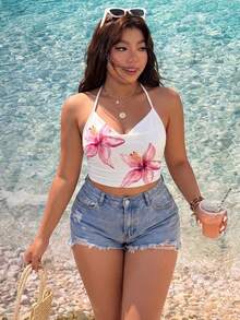 Women's Tropical Floral Print Cropped Camisole, Sleeveless Fitted Summer Tank Top, Backless Sexy Ladies Vest For Spring/Summer Holiday - Multicolor - View 7