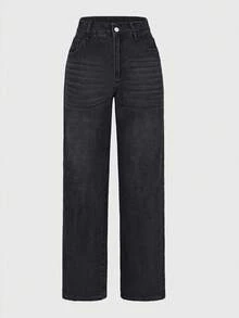 Jeans de pierna recta holgados con bolsillos para mujer, primavera/verano, diseño lavado simple y casual, estilo bohemio elegante, adecuado para uso diario y cenas - Negro - Ver 7