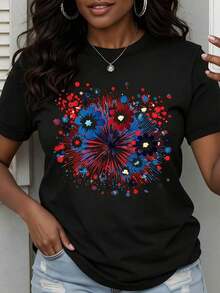 Women's T-Shirt With Patriotic Fireworks Floral Print, Red, White And Blue, For Independence Day Celebration, Casual Summer Wear, Cool Summer Clothes For Women - 黑色 - 查看 6