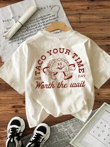 T-Shirt% Cotton [Double-Sided Print] Cartoon Style With TACO Letter Print, Casual Loose Round Neck Top For Women, Suitable For All Seasons, Can Be Worn As A Base Layer In Spring And Autumn Or Alone In Summer, Unisex Style,  Thick Cotton Cityboy Style Top. - 杏色 - 查看 3