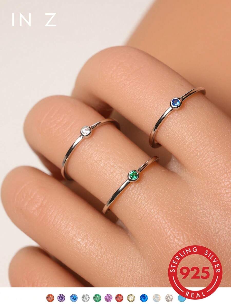 1 pezzo Anello decorativo minimalista impilabile in argento sterling 925 con 12 pietre preziose dei segni zodiacali (3mm), design sottile e delicato adatto a donne e ragazze - maneggiare con cura, inclusa confezione regalo