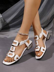 Teen Party High Heels, Futuristic Architectural Style Geometric Buckle Chunky Heel Platform Black And White Sandals, Suitable For Proms And Nightclubs - White - View 9
