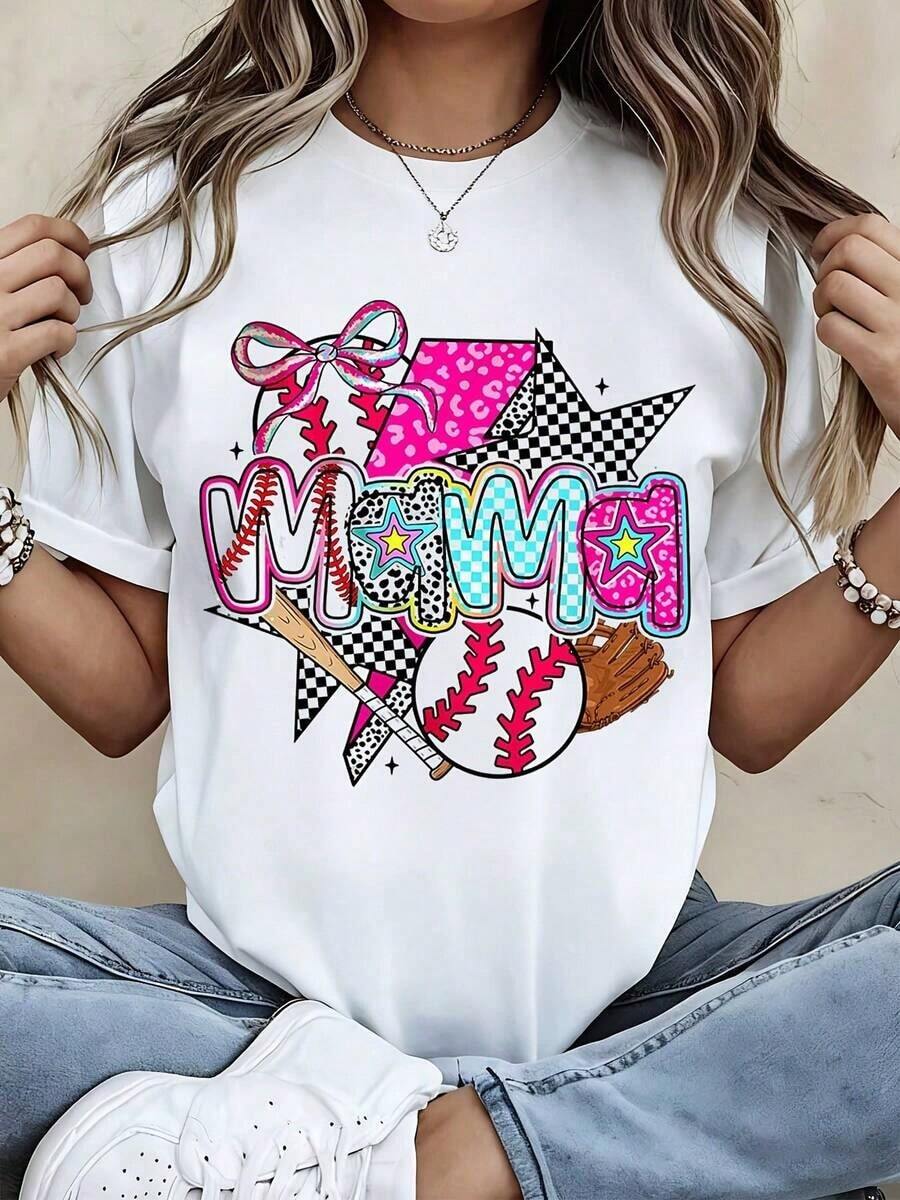 Women's Leopard Print Baseball T-Shirt, Casual Sporty Style With Bat And Glove Design, Perfect For Game Day And Everyday Wear - Vintage Urban Style, Unisex, Cotton, Short Sleeve, Crew Neck, 100% Cotton - 白色 - 查看 1