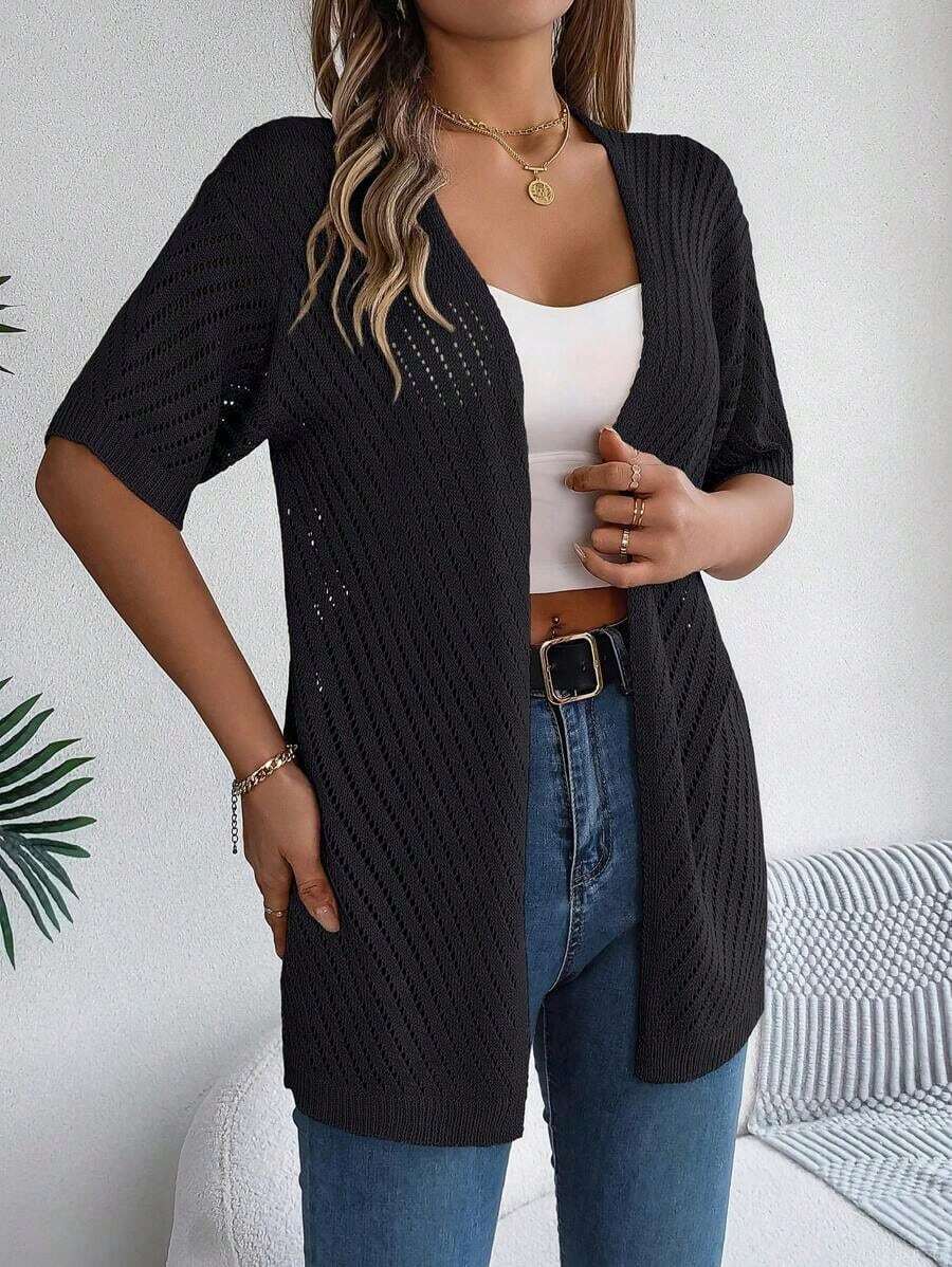 CZJ Cárdigan de punto hueco casual de primavera/verano, camisa protectora solar negra - Negro - Ver 1