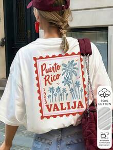 T-shirt ample pour femme avec imprimé timbre VALIJA Porto Rico 1998, 100% pur coton, respirant, manches courtes, col ras-du-cou, top décontracté blanc pour vacances d'été - Blanc - Voir 6