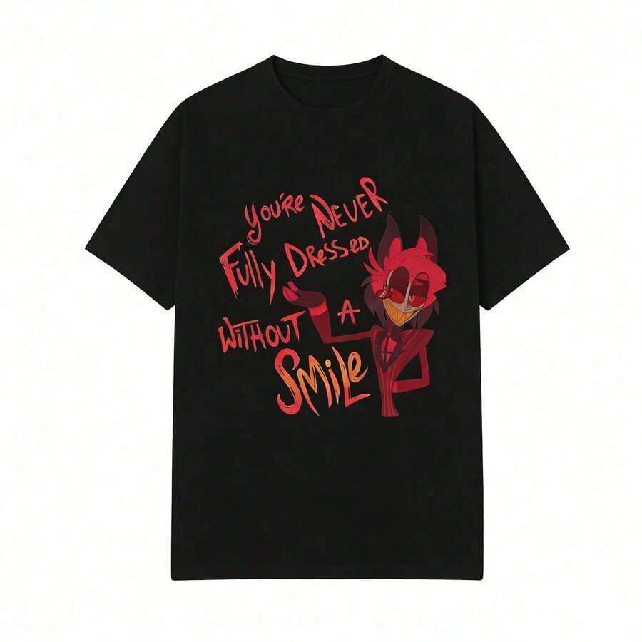 Hazbin Hotels Alastor X Charlie Couple T-Shirt, Anime Fanart Print Casual Tee. Suitable As A Gift. Women's T-Shirt. Elegant Blouses. Boho Chic. Soft, Breathable, And Comfortable Women's Top, Ideal For Spring, Summer, And Autumn, Perfect For Vacations, Travel, And Everyday Wear. - 黑色 9 - 查看 1