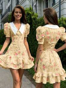 Spring/Summer Casual Style Dress With Collar, Front Buttons, Tie Back And Tie-Dye Print, For Everyday Wear, Western Style, Bohemian, Music Festivals, Vacation, Fairycore Style, Elegant For Women - 橘色 - 查看 3