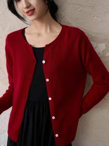 Cozy Cardigan For Women - Short Solid Color Sweater Jacket, Casual Office Wear For Autumn And Winter - 酒紅色 - 查看 11