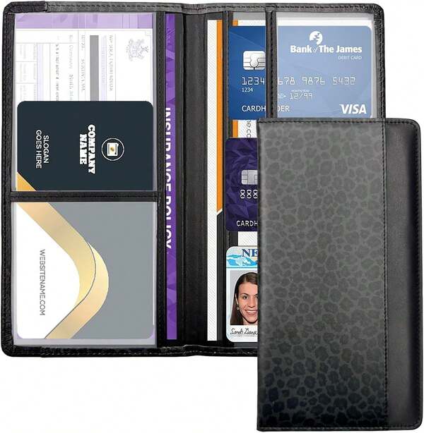 FinestHouse Car Registration And Insurance Holder With Magnetic Closure, Universal Document Organizer For License, Insurance Cards &Amp; Glove Box Storage (Leopard-Black)