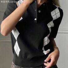 Soqi Women's Clothing  Blusa de punto holgada de estilo casual y de oficina con bloques de color tipo argyle para mujer, ideal para primavera y verano - Negro - Ver 1