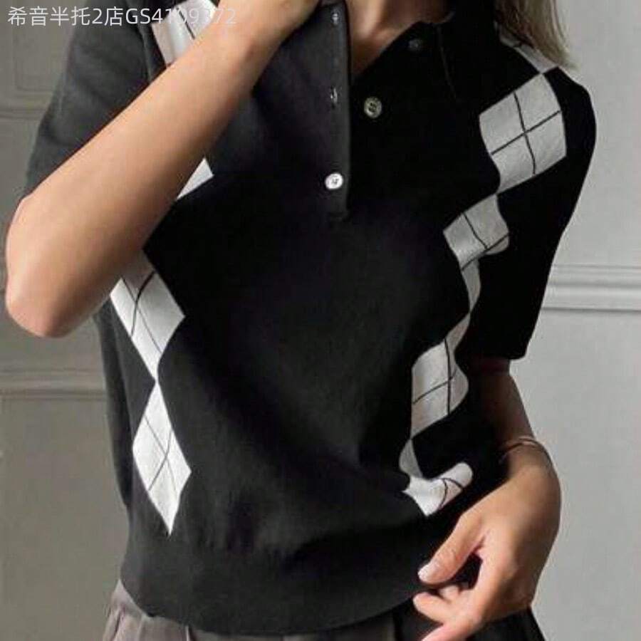 Soqi Women's Clothing Blusa de punto holgada de estilo casual y de oficina con bloques de color tipo argyle para mujer, ideal para primavera y verano - Negro - Ver 1